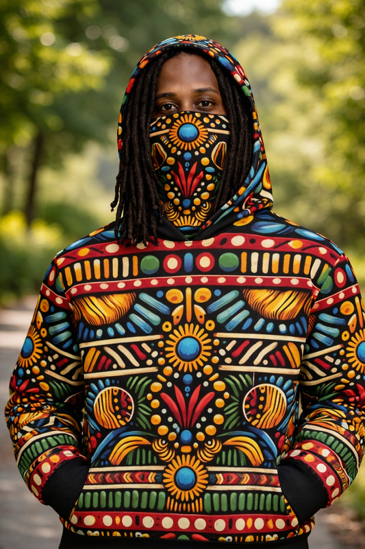 Custom Attached Mask Hoodie  – Bold Urban Fashion Colorful Tribal Hoodie(XS-6XL)