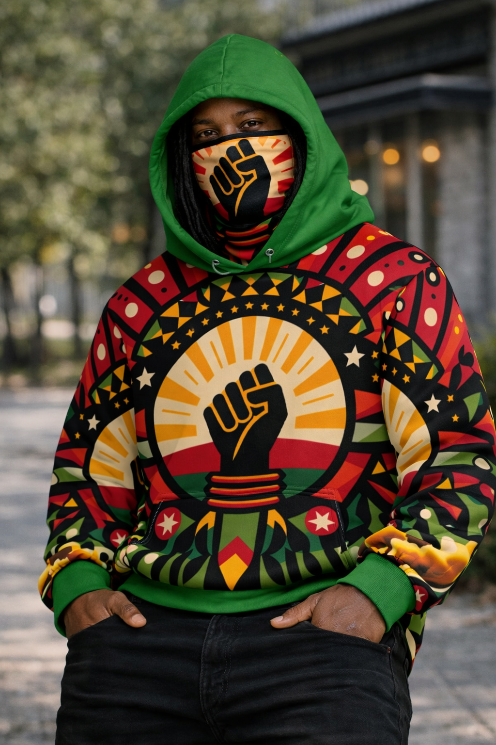 Custom Attached Mask Hoodie  – Bold Urban Fashion Green Peace(XS-6XL)