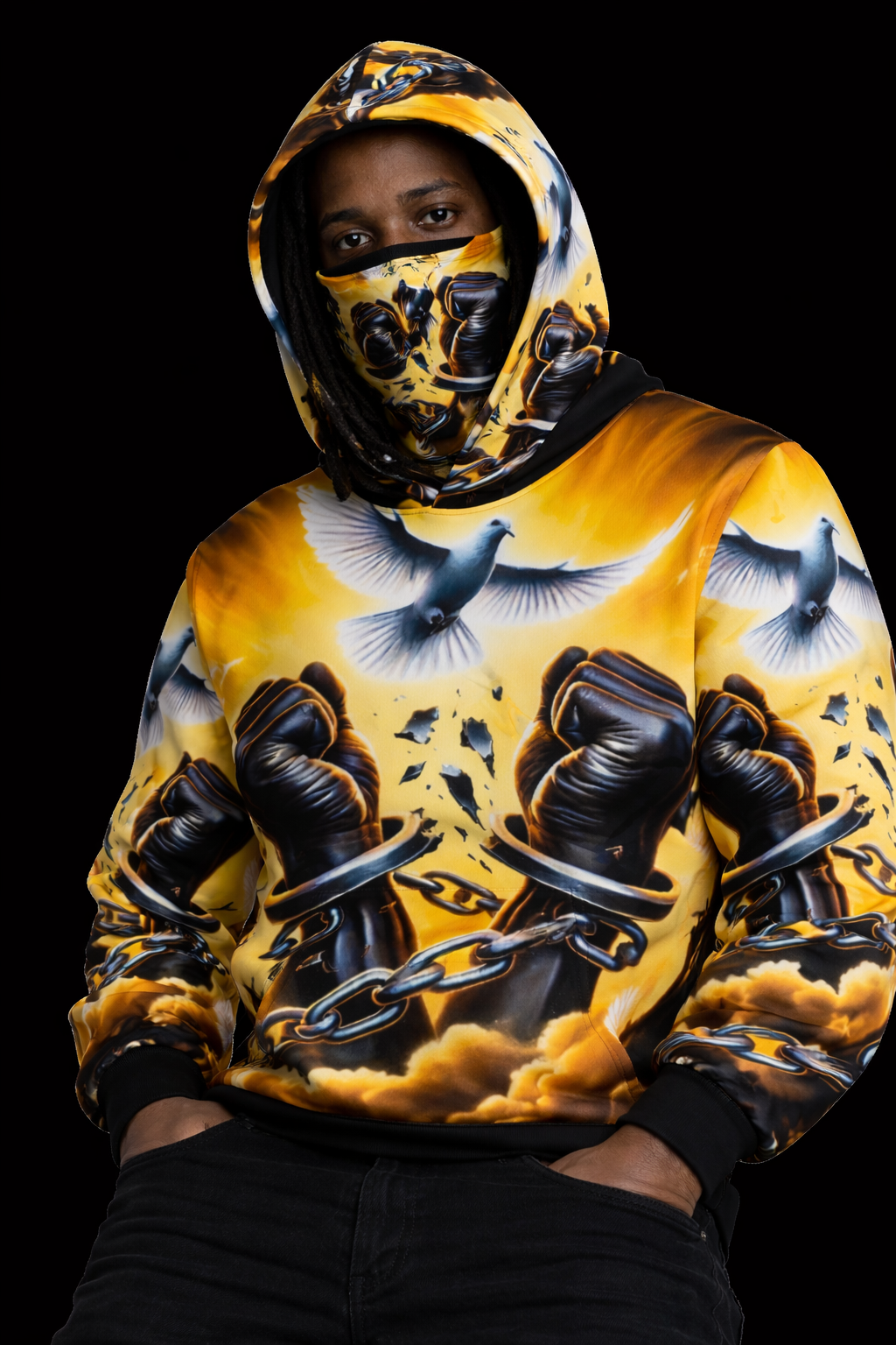 Custom Attached Mask Hoodie - Bold Urban Fashion  Doves & Chains (XS-6XL)