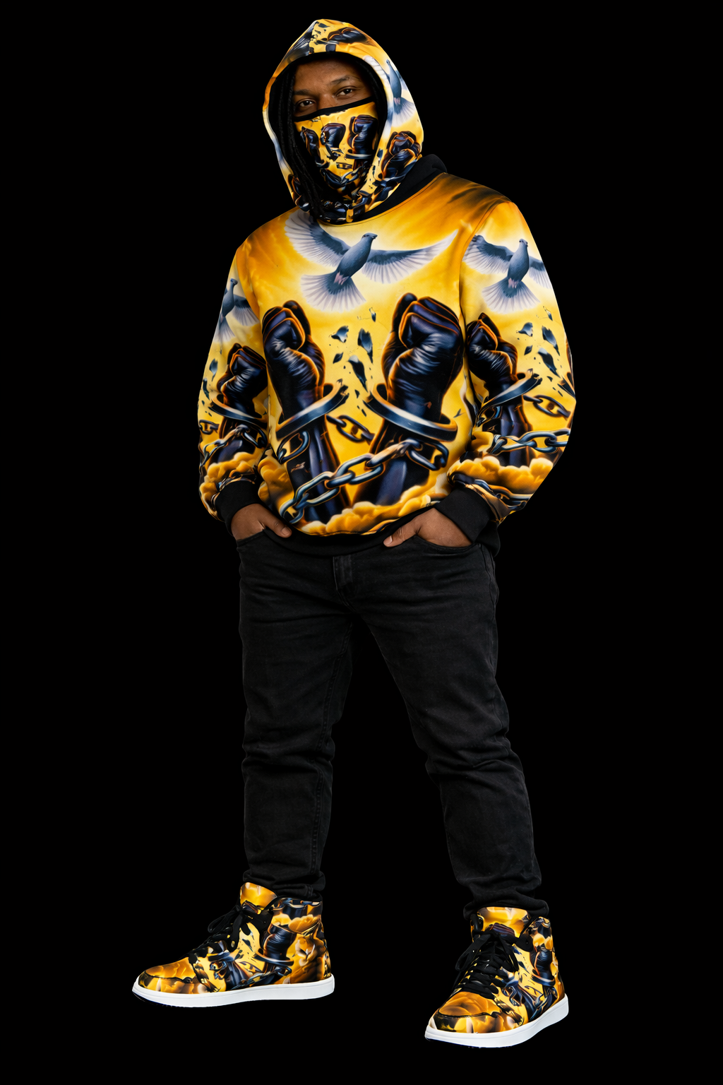 Custom Attached Mask Hoodie - Bold Urban Fashion  Doves & Chains (XS-6XL)