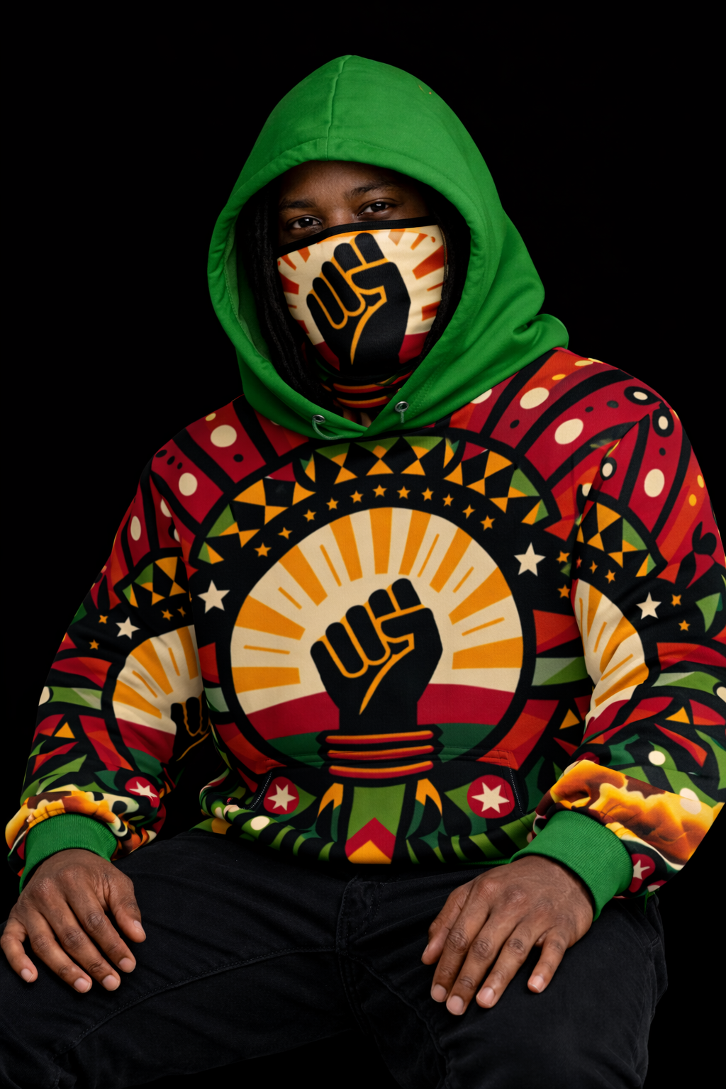 Custom Attached Mask Hoodie  – Bold Urban Fashion Green Peace(XS-6XL)